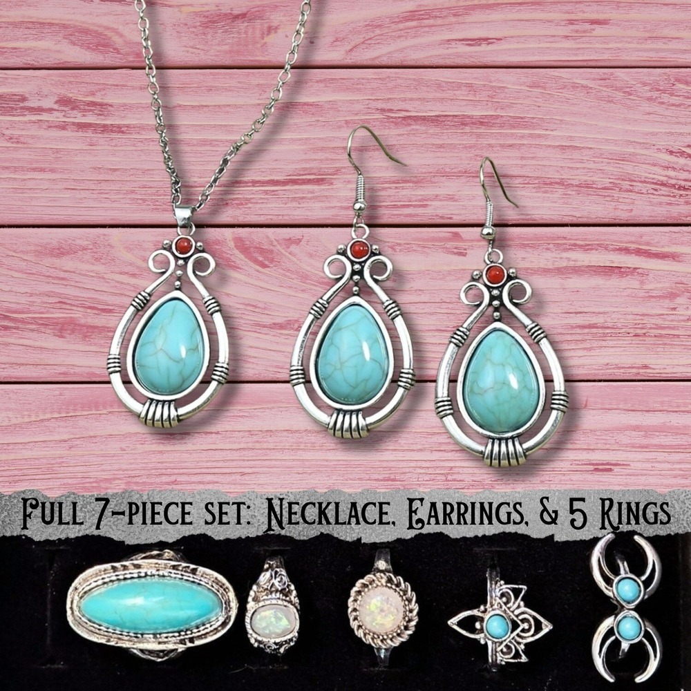 Turquoise Boho Jewelry Set 7 Pc Necklace Earrings Rings‎ Statement Lot Western